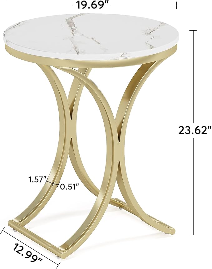 LITTLE TREE Side Table Round End Table Modern Small Accent Table Bedside Table Round Nightstand with Gold Metal Frame and Faux Marble Veneer Engineered Wood for Living Room, White Gold