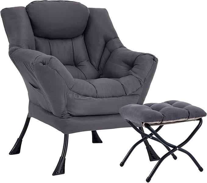 Lazy Chair with Ottoman, Reading Armchair with Armrests and Footrest, Large Modern Lounge Accent Chair with Ottoman, Leisure Sofa Chair for Living Room, Bedroom, Dorm Room (Dark Grey)