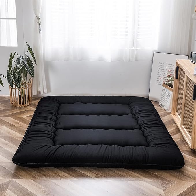 MAXYOYO Japanese Floor Mattress Futon Mattress, 4" Thicken Tatami Mat Sleeping Pad Foldable Roll Up Mat Boys Girls Dormitory Pad Kids Floor Lounger Pillow Bed, Black, King