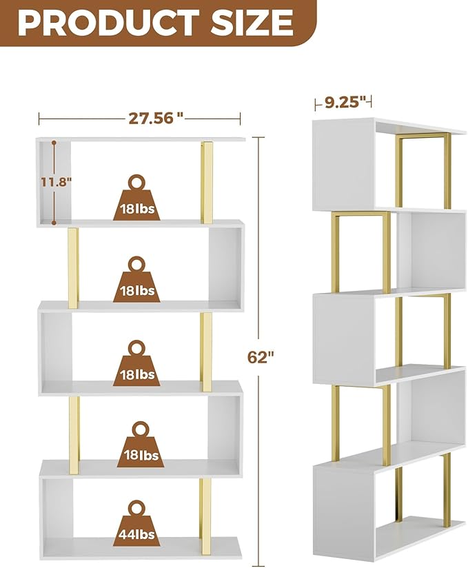 Gadroad 5 Tier Geometric Bookcase,S Shaped Bookshelf, Wood Decorative Storage Shelving, Modern Freestanding Display Shelves, Tall Book Shelf Unit for Living Room Bedroom, Gold