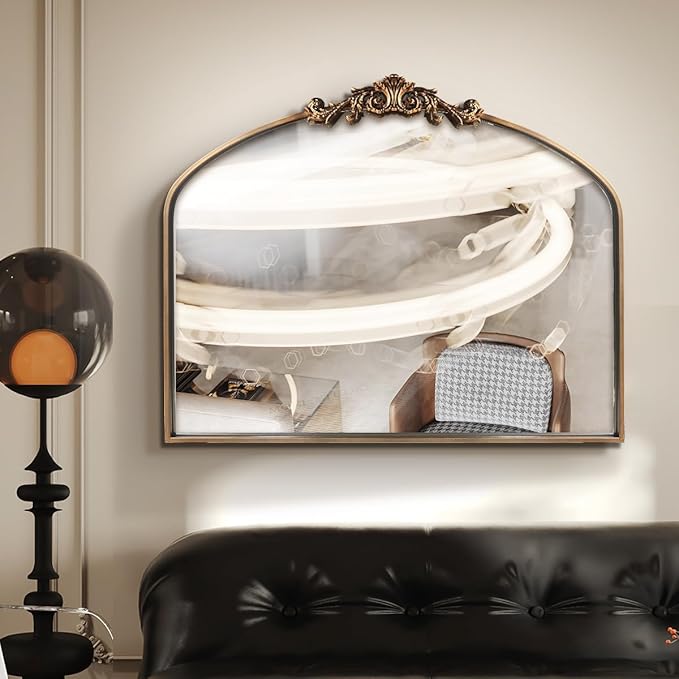 WAMIRRO Antique Mirror,Gold Traditional Vintage Ornate Baroque Arched Brass Wall Mounted Mirrors for Entryway/Fireplace/Living Room/Hallway/Bathroom 36"X30"