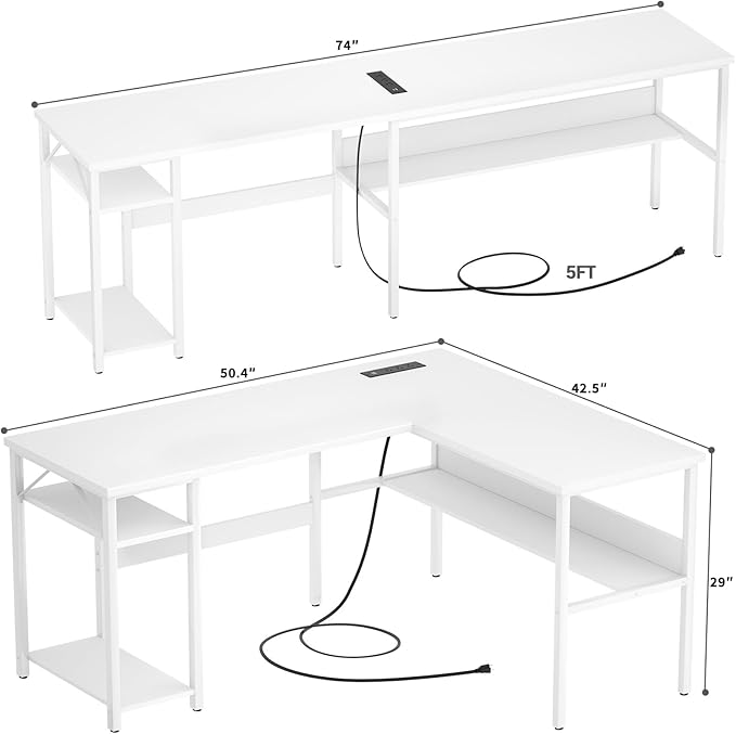 Reversible L Shaped Gaming Desk with Power Outlets and USB Charging Ports, Sturdy Computer Desks with Storage Shelf, Modern Corner Desk Home Office Table, Easy to Assemble, White