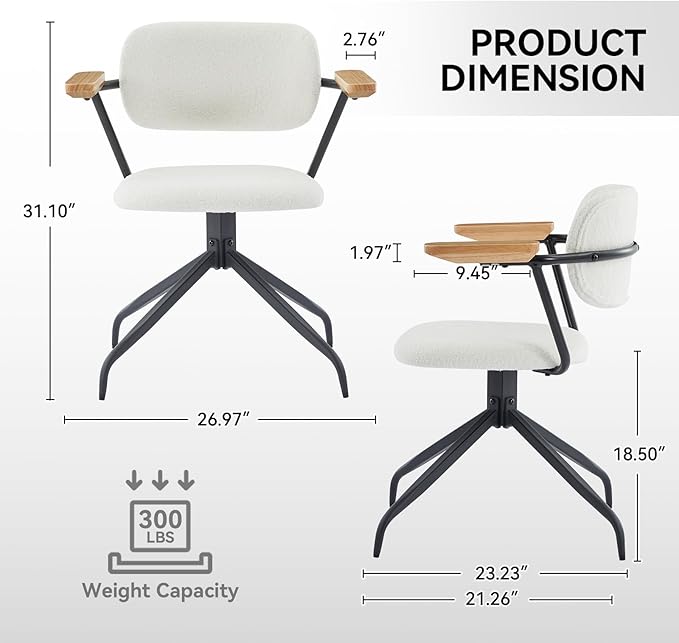 Modern Swivel Dining Chairs Set of 2 with Arms,Upholstered Comfortable Dining Room Chairs, Wooden Armrests & Sturdy Metal Frame, Stylish Kitchen & Dining Table Chairs for Modern Décor