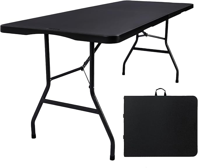 Folding Table 6ft Portable Heavy Duty Plastic Fold-in-Half 6 Foot Foldable Table Utility Dining Indoor Outdoor for Camping Picnic and Party, Black