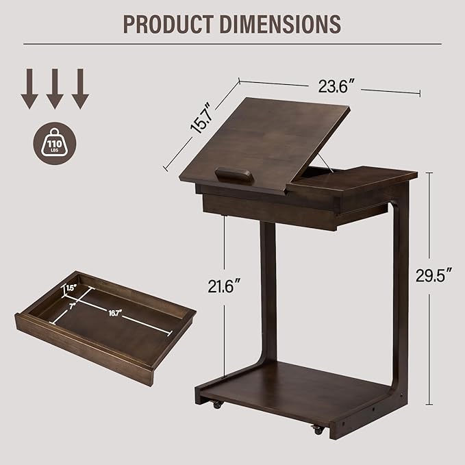 CozyDH Rolling Side Table with Wheels, Adjustable C Shaped End Table for Couch, Solid Wood TV Tray Sofa Arm Table for Eating Multi-Purpose, Small Coffee Table Living Room Bedroom, Walnut