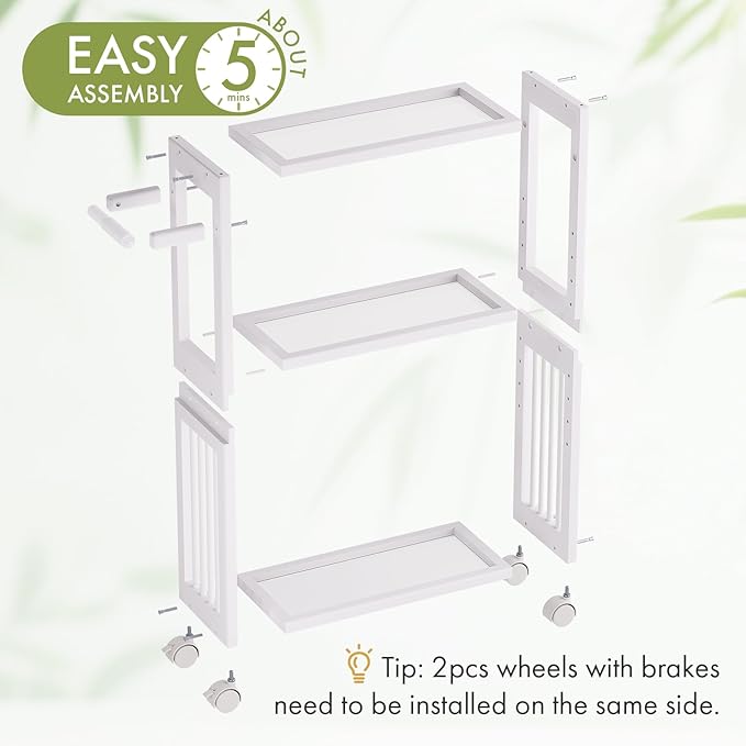 AmazerBath White Toilet Paper Holder Storage - 3 Tier Bamboo Mobile Storage Shelf, Small Bathroom Rolling Storage Cabinet Corner, Thin Shelf for Narrow Spaces on Wheels, Slim Bathroom Organizer, White