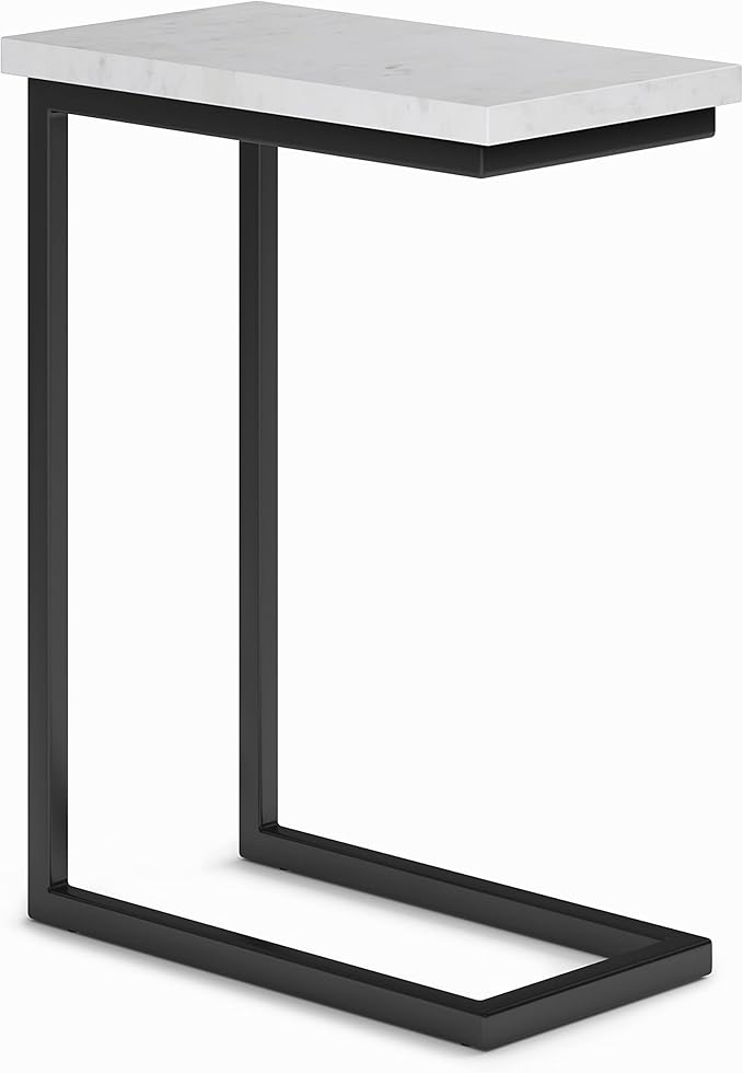 SIMPLIHOME Skyler 18-inch Wide Metal Table in White/Black, C-Shaped Industrial-Style Side Table with Genuine Marble Top for Living Room, Bedroom, or Home Office