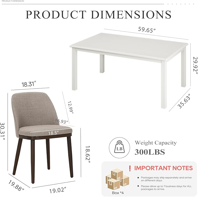 COLAMY 60 Inch Rectangular Kitchen Dining Table for 6, Modern Farmhouse Dining Table Set for 6, Wood Dining Table and Upholstered Dining Chairs for Kitchen, Dining Room, Restaurant, White/Camel