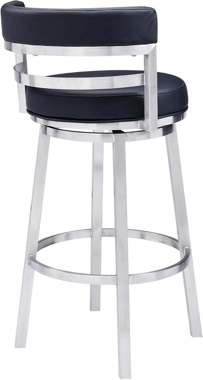 Armen Living Madrid 30" Seat Height Swivel Modern Black Faux Leather and Brushed Stainless Steel Bar Stool for Kitchen Island Counter