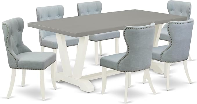East West Furniture V097SI215-7 7 Piece Dining Table Set Consist of a Rectangle Kitchen Table with V-Legs and 6 Baby Blue Linen Fabric Parson Dining Room Chairs, 40x72 Inch, Multi-Color