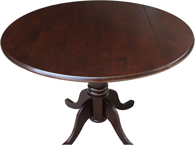 IC International Concepts, 42" Round Dual Drop Leaf Pedestal Dining Table, Solid Real Wood, Sturdy Parawood, Rich Mocha
