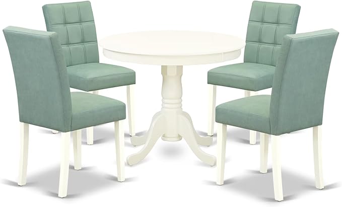 East West Furniture ANAS5-LWH-43 5 Piece Dinner Table Set contain A Wooden Table and 4 Willow Green Polyester Fabric Kitchen Chairs with Stylish Back- Linen White Finish