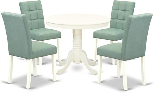 East West Furniture ANAS5-LWH-43 5 Piece Dinner Table Set contain A Wooden Table and 4 Willow Green Polyester Fabric Kitchen Chairs with Stylish Back- Linen White Finish