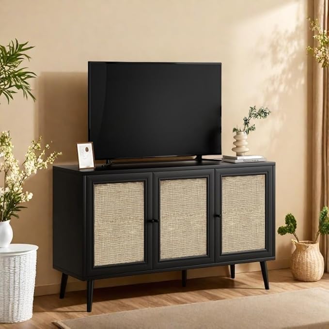 Rattan Entryway Table, Entertainment Center with Adjustable Shelf, Sideboard Buffet Cabinet with 3 Rattan Doors, Modern Console Cabinet with Large Storage for Living Room, Kitchen, Black