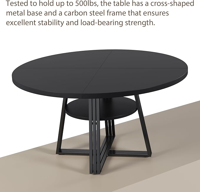 GarveeHome Round Dining Table for 4-6, 47.2" Farmhouse Kitchen Table with Storage, Circle Dinner Tables for Kitchen, Dining Room, Living Room, Meeting Room, Apartment, Black