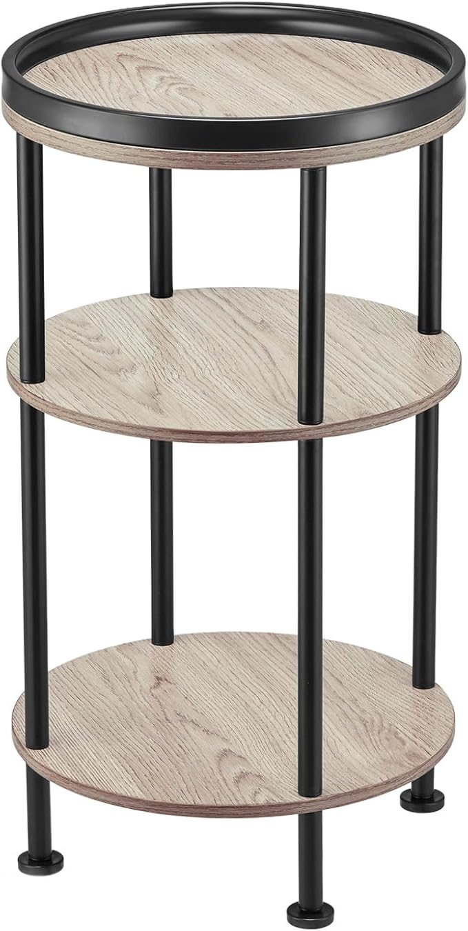 Side Table, Small Round Side Table for Small Spaces, 3-Tier Round Accent Table Slim Side Table, Modern Sofa End Table Corner Table for Living Room Nightstand Bedroom (Oak)