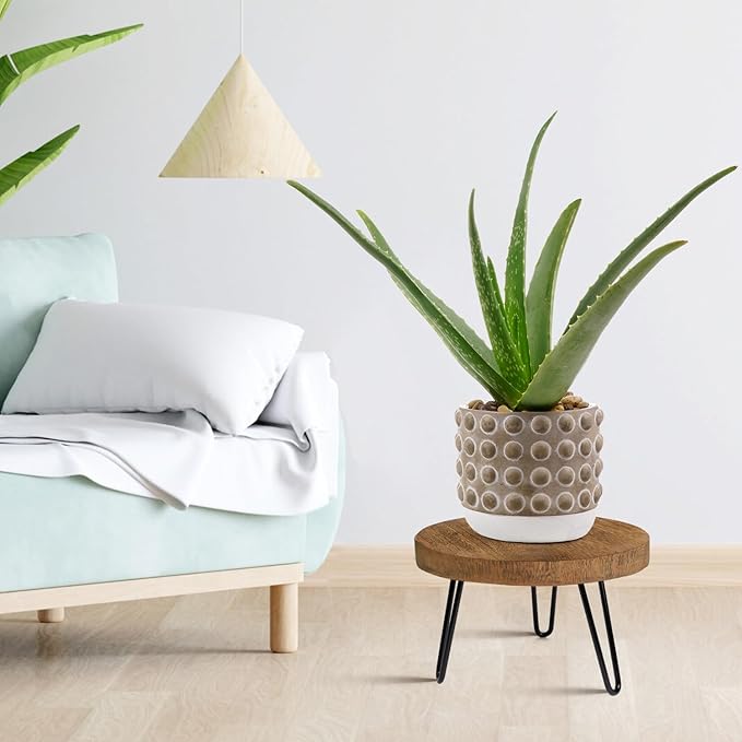 Plant Stand Indoor Outdoor, Wooden plant Stool, Mid Century Plant Stand for Indoor Plants, Wood Modern Plant Holder Rattan Flower, Low Short Boho Rustic Planter Stand Fit 5-15 Inch Pot(M)
