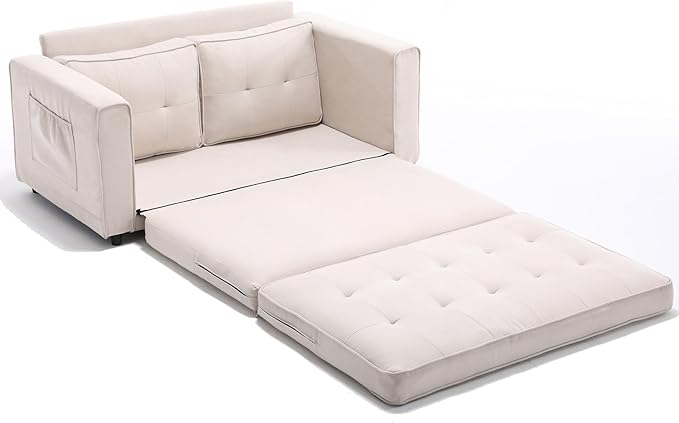 ERYE 3 Fold Tufted Upholstered Futon Sofa Bed Modern Convertible Foldable Floor Loveseat Sofabed with Pull Out Sleeper Couch Daybed W/Side Pockets for Living Room
