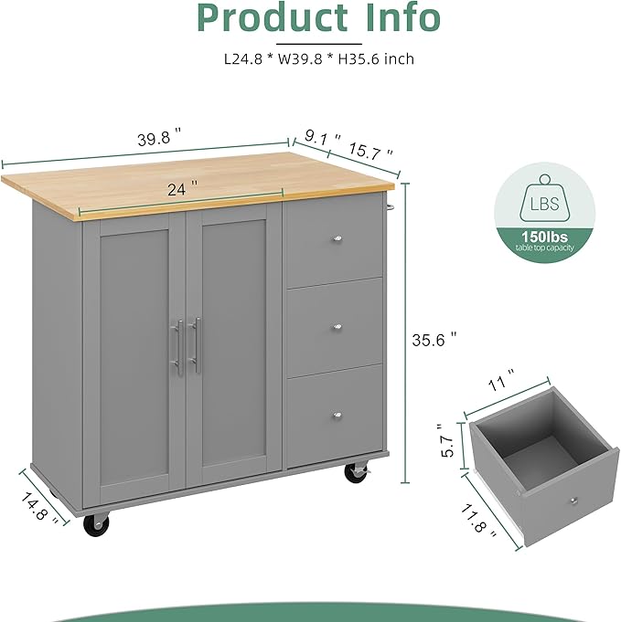 Shintenchi Rolling Kitchen Island Cart with Folding Drop Leaf Breakfast Bar, Portable Trolley Island with Large Storage Cabinet, Shelf and Drawer, Gray