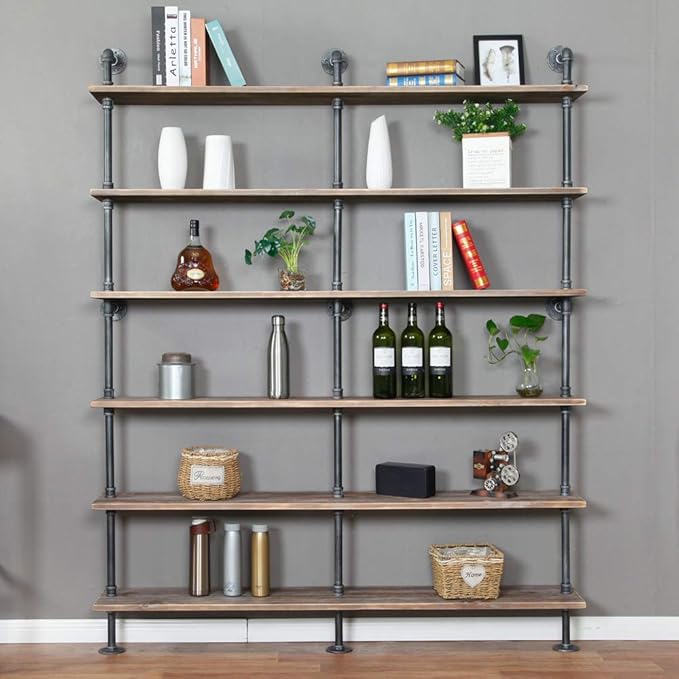 Industrial 6-Tiers Modern Ladder Shelf Bookcase,Solid Wood Storage Shelf,Display Shelving, Wall Mounted Wood Shelves, Pipe Wood Shelves Bookshelf Vintage Wrought Iron Finish (Gray)