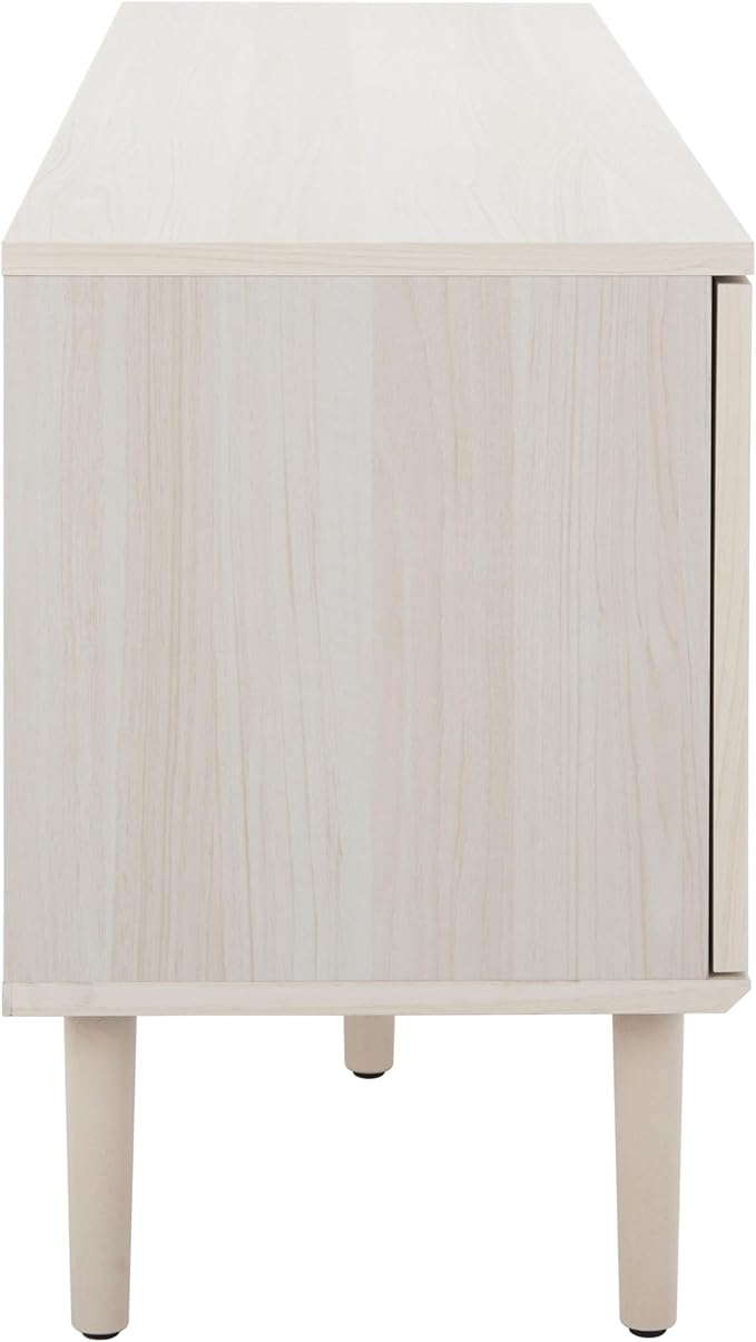 SAFAVIEH Claude TV Stand for up to 65" Flatscreen – Bleached White & Natural Rattan, 2 Sliding Doors with Interior Storage, 2 Open Shelves, Entertainment Media Console (MED9610C)