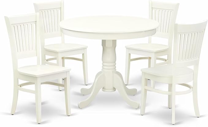 East West Furniture ANVA5-LWH-W 5 Piece Kitchen Table Set for 4 Includes a Round Dining Room Table with Pedestal and 4 Solid Wood Seat Chairs, 36x36 Inch, Linen White