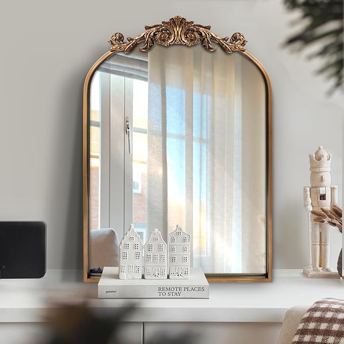 WAMIRRO Antique Mirror,Gold Traditional Vintage Ornate Baroque Arched Brass Wall Mounted Mirrors for Entryway/Fireplace/Living Room/Hallway/Bathroom 19"X27"