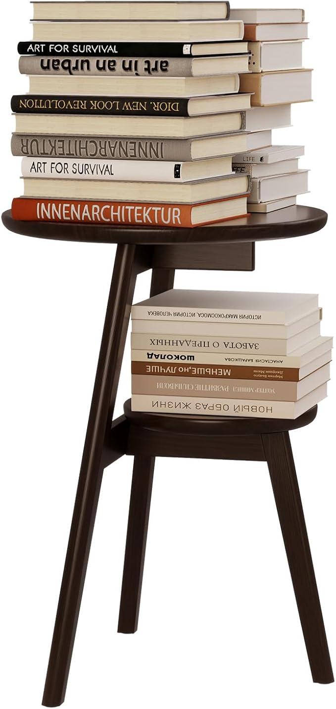 Small End Table Round End Table,Solid Wood Round Side Table with Lower Shelf，Nightstand for Small Spaces,Living Room,Bedroom(Deep Walnut)