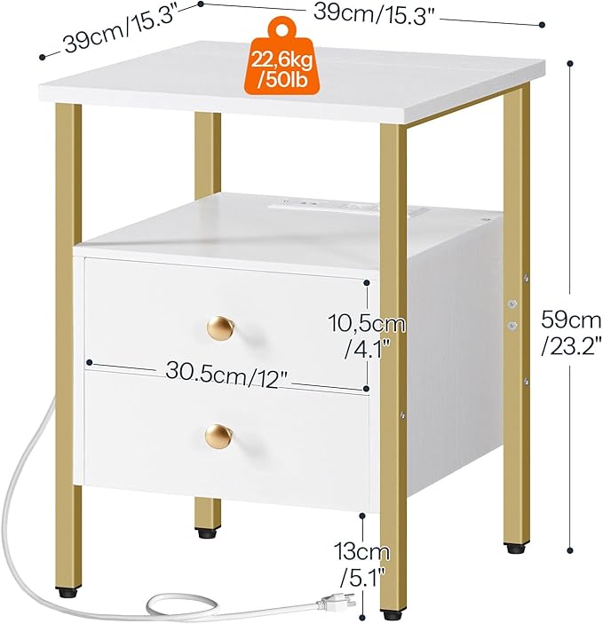 HOOBRO End Table with Charging Station, Bedside Table with 2 Drawer & USB Port & Type-C Port, Nightstand for Small Spaces, Stable and Sturdy, for Living Room, White and Gold DW43UBZ01