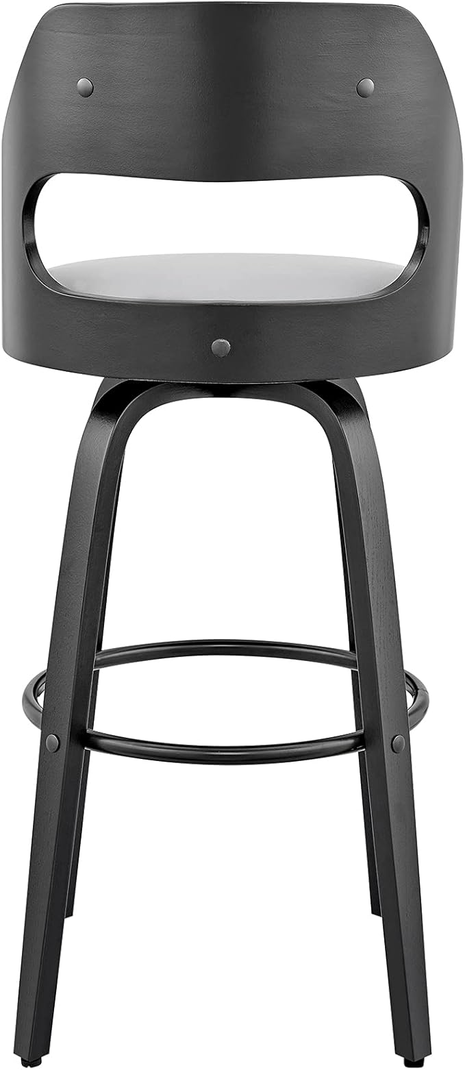 Armen Living Julius Mid Century Modern Swivel Bar Stool for Kitchen Island Counter in Gray Faux Leather and Black Wood, 26" Seat Height