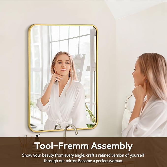 20x28 Rounded Rectangle Bathroom Mirrors for Over Sink, Gold Vanity Mirror with Metal Frame Wall Mounted, Modern Farmhouse Mirror for Restroom, Bedroom, Entryway Decor