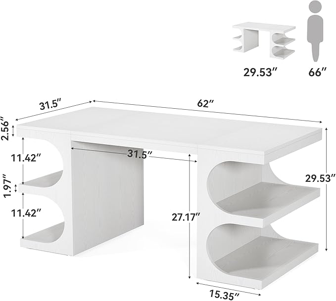 LITTLE TREE 62.2-Inch Executive Desk, Modern Home Office Desks, Office Table with Storage Shelves for Workspace, Large Computer Desk, Long Contemporary Writing Desk, White