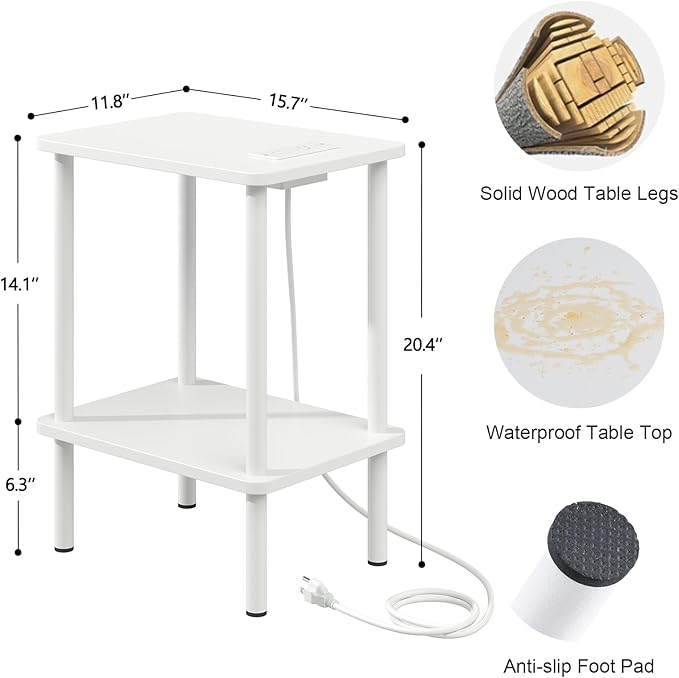Apicizon 2 Tier End Table, Small Side Table with Charging Station, Boho Bedside Table with USB Ports and Outlets, Nightstand for Small Spaces, Bedroom, Living Room, Entryway, Easy Assembly, White