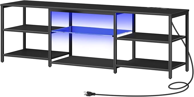 HOOBRO LED TV Stand for 75 Inch TVs with Charging Station, Gaming Entertainment Center with 3-Tier Open Storage, Long 63” Media TV Console Table, TV Stand for Living Room, Bedroom, Black BB21UDDS01