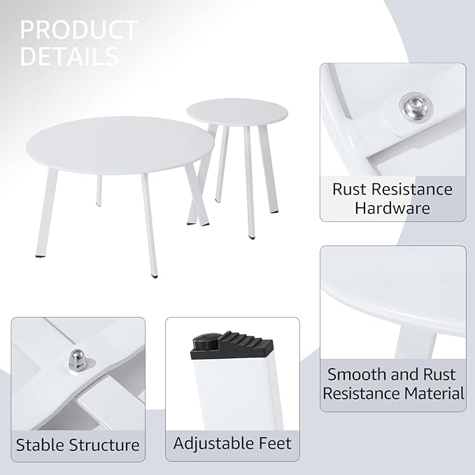 Patio Coffee Table Set of 2, Outdoor Weather Resistant End Table, Round Nesting Tables for Living Room Balcony Office, White