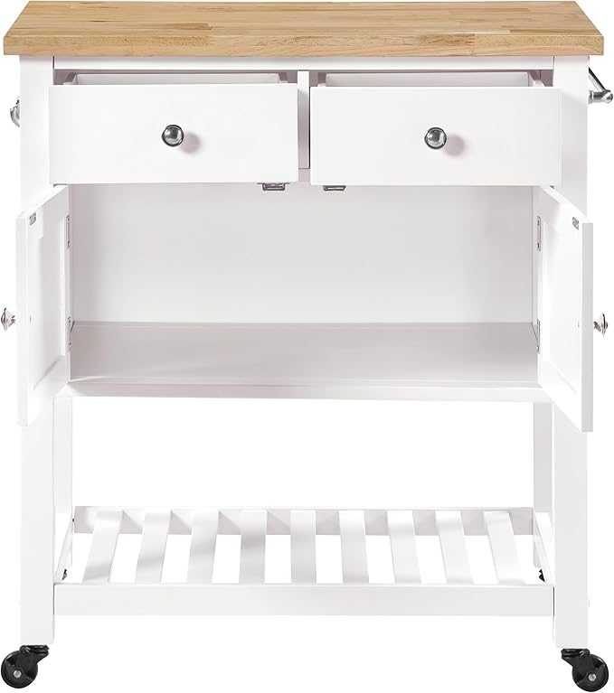 OSP Home Furnishings Stirling Farmhouse Kitchen Cart, Rolling Storage Cabinet with Drawers, Shelf, 5 Utility Hooks, White with Wood Top