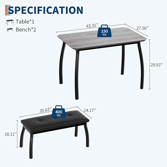 3 Piece Farmhouse Dining Table Set for 4, Compact Rustic Kitchen Table with 2 Padded Benches, Space Saving Breakfast Nook Furniture Set for Small Spaces, Apartments, Grey
