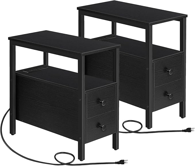 HOOBRO Set of 2 End Tables with Charging Station, Narrow Side Table with Drawers & USB Ports & Power Outlets, Nightstand for Small Spaces, Living Room, Stable and Sturdy, Black BK541BZP201