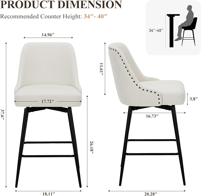 COLAMY Bar Stools Set of 2, 26.18" Counter Height Swivel Stools with Thick Padded Seat, Adjustable Footrest & 360° Rotation, Soft Fabric Upholstery for Kitchen Island/Home Bar/Cafe, Beige