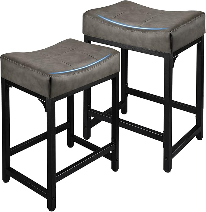 Counter Height Bar Stools Set of 2, 24 Inch Stools for Kitchen Counter with Thick Saddle Seats and Barstools Metal Frame, Modern Backless Counter Height Stool for Kitchen Island Bar Grey