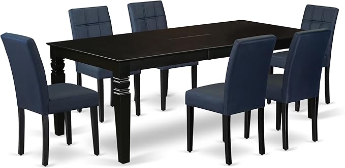 East West Furniture LGAS7-BLK-09 7 Piece Dining Table Set Consists A Wooden Table and 6 Dark Navy Blue Polyester Fabric Modren Dining Chairs with Stylish Back- Black Finish