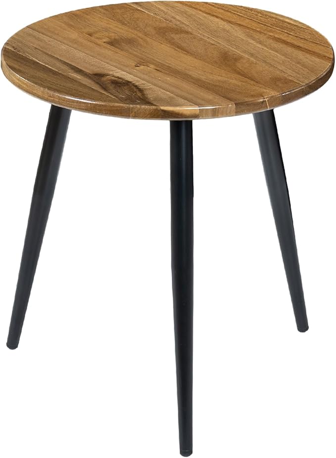 MyGift 20.5 Inch Mid Century Round End Table, Premium Acacia Solid Wood Accent Side Table with Black Metal Tapered Legs