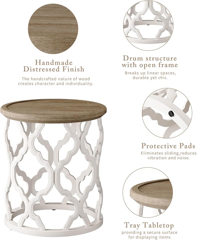 Farmhouse End Table, 18.5'' French Country Round Side Table, Distressed Tray Top Wood Side Table with Curved Motif Frame Base for Boho, End Tables Living Room, Bedroom, Small Space, Easy Assembly