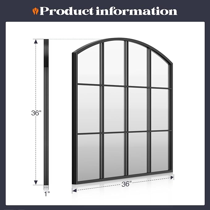 Window Pane Black Mirror, 36" x 36" Farmhouse Arched Wall Mirror, Large Arch Grid Mirror for Living Room Bedroom Farmhouse Fireplace Hallway Entryway
