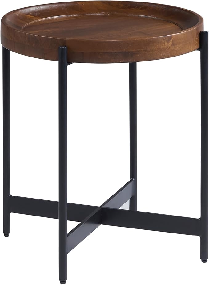 Alaterre Furniture Brookline 20" Round Wood End Table – Solid Top with Tray Edge and Black Metal Legs – Rustic Farmhouse Accent Table for Living Room, Bedroom, or Small Spaces (Medium Chestnut)