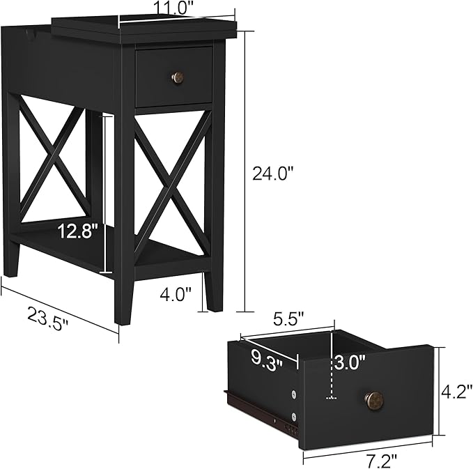 ChooChoo End Table Set of 2, Flip Top Narrow End Table with Drawer, Accent Small Side Table Nightstand for Living Room, Bedroom, and Small Spaces，Blcak