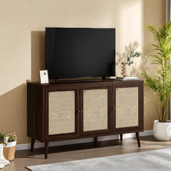 Rattan Entryway Table, Entertainment Center with Adjustable Shelf, Sideboard Buffet Cabinet with 3 Rattan Doors, Modern Console Cabinet with Large Storage for Living Room, Kitchen, Dark Brown