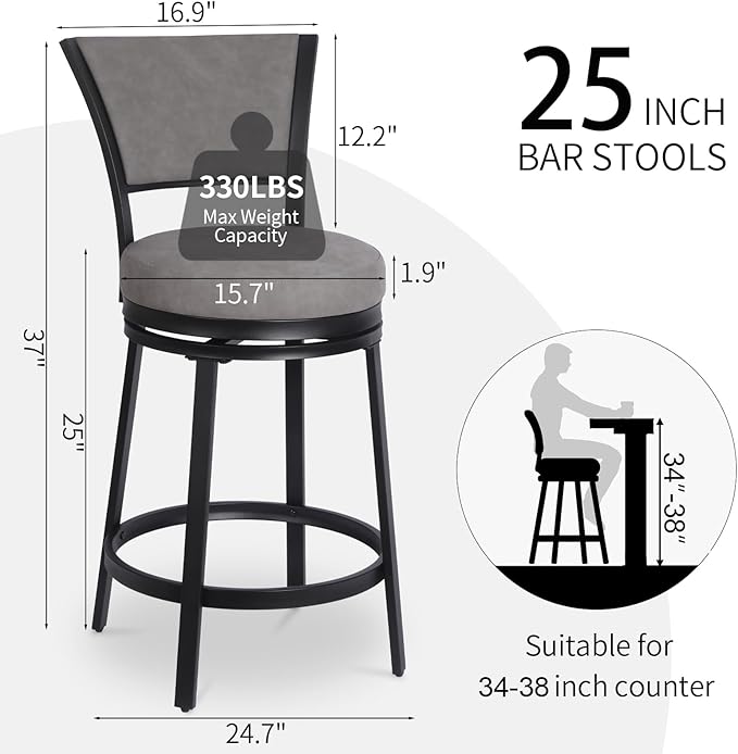 Bar Stools, Modern Counter Height Barstools Set of 2, 25" Faux Leather Round Swivel Bar Stools with Backrest, Upholstered Metal Bar Chairs for Kitchen Island, Kitchen Counter, Pub, Grey