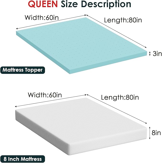 FDW | 8" Queen Mattress + 3" Cooling Mattress Topper | Gel Memory Foam | Medium Firm Feel | White | with Washable Cover for Cool Sleep and Pressure Relief | Bed in a Box, CertiPUR-US Certified