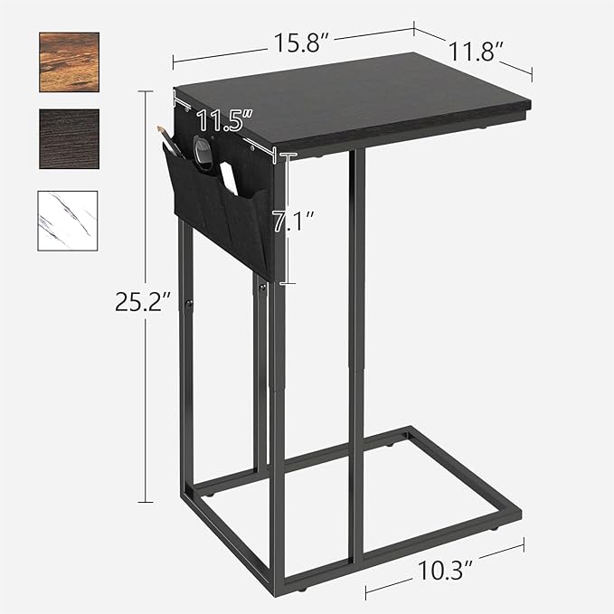 C Shaped End Table for Couch, Small Couch Side Table for Sofa, C Side Table with Storage Bag, TV Tray Table for Living Room, Bedside Table for Bedroom, Snack End Table for Couch, Black